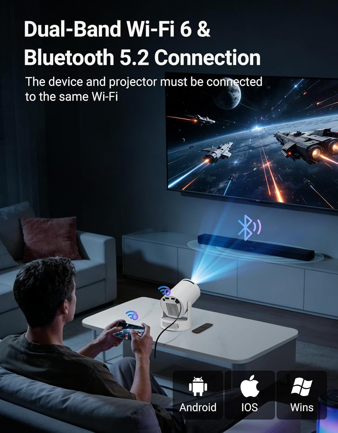 Mini Projector with Wifi 6 and Bluetooth 5.4, Portable Projector 4K Support, 260 ANSI, 5W Soundbase Speaker, Auto Vertical Keystone 180°Rotatable Smart Proyector for Movie Home Outdoor, HY300 ULTRA