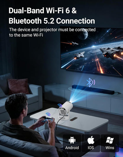 Mini Projector with Wifi 6 and Bluetooth 5.4, Portable Projector 4K Support, 260 ANSI, 5W Soundbase Speaker, Auto Vertical Keystone 180°Rotatable Smart Proyector for Movie Home Outdoor, HY300 ULTRA