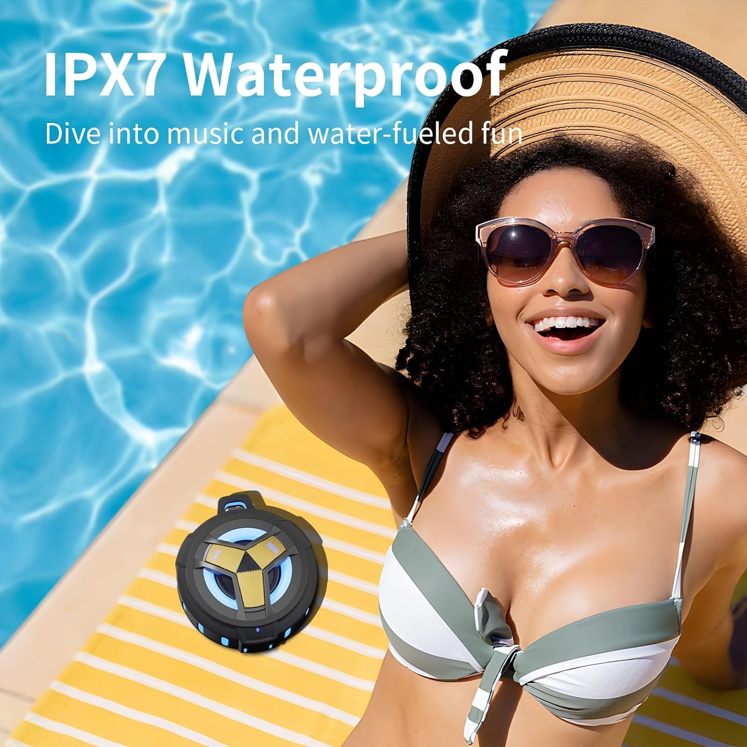 Waterproof Bluetooth Speaker, Shower Wireless Speaker, IP67 Waterproof, LED Light, Floating, Portable Speakers for Travel, Pool, Beach, Kayak, Gifts for Men-Black Golden Special Edition