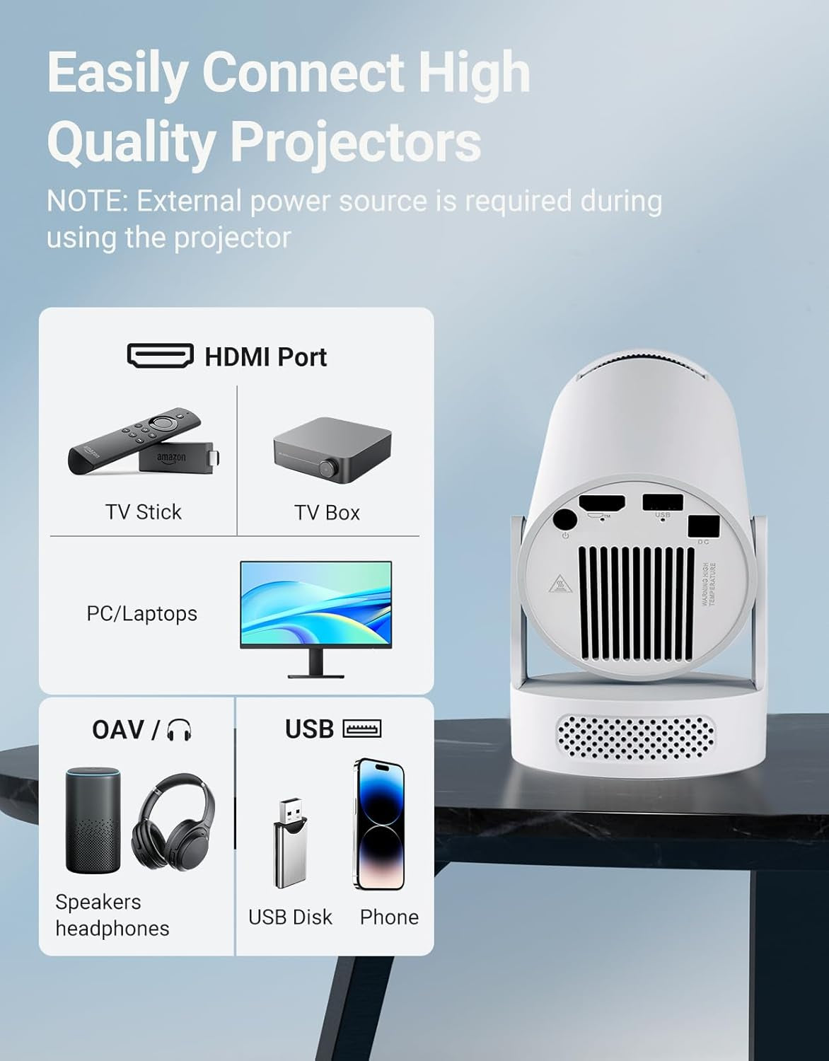 Mini Projector with Wifi 6 and Bluetooth 5.4, Portable Projector 4K Support, 260 ANSI, 5W Soundbase Speaker, Auto Vertical Keystone 180°Rotatable Smart Proyector for Movie Home Outdoor, HY300 ULTRA