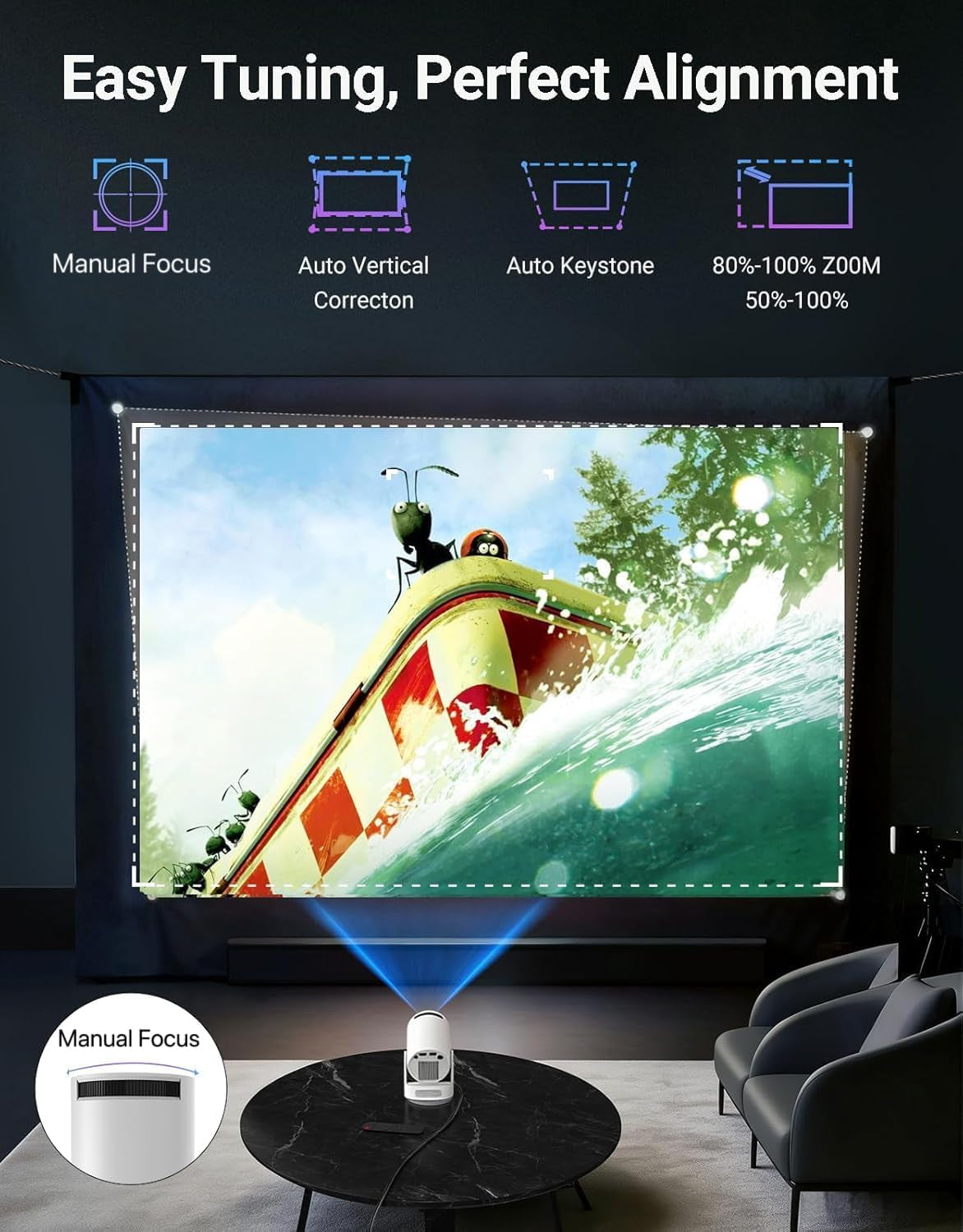 Mini Projector with Wifi 6 and Bluetooth 5.4, Portable Projector 4K Support, 260 ANSI, 5W Soundbase Speaker, Auto Vertical Keystone 180°Rotatable Smart Proyector for Movie Home Outdoor, HY300 ULTRA