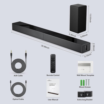 31 Inch Soundbar with Subwoofer, Surround Sound System for TV | 160W, Detachable Surround System with Wired Subwoofer, 3 EQ Modes, Bluetooth 5.3, HDMI ARC, Optical, AUX & USB